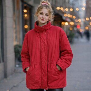 London Fog, size Large, red mid length thick warm zip up jacket